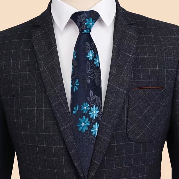 Men’s 3 Piece Tie Set Blue Floral Tie Pocket Square Cufflinks - Picture 3 of 4